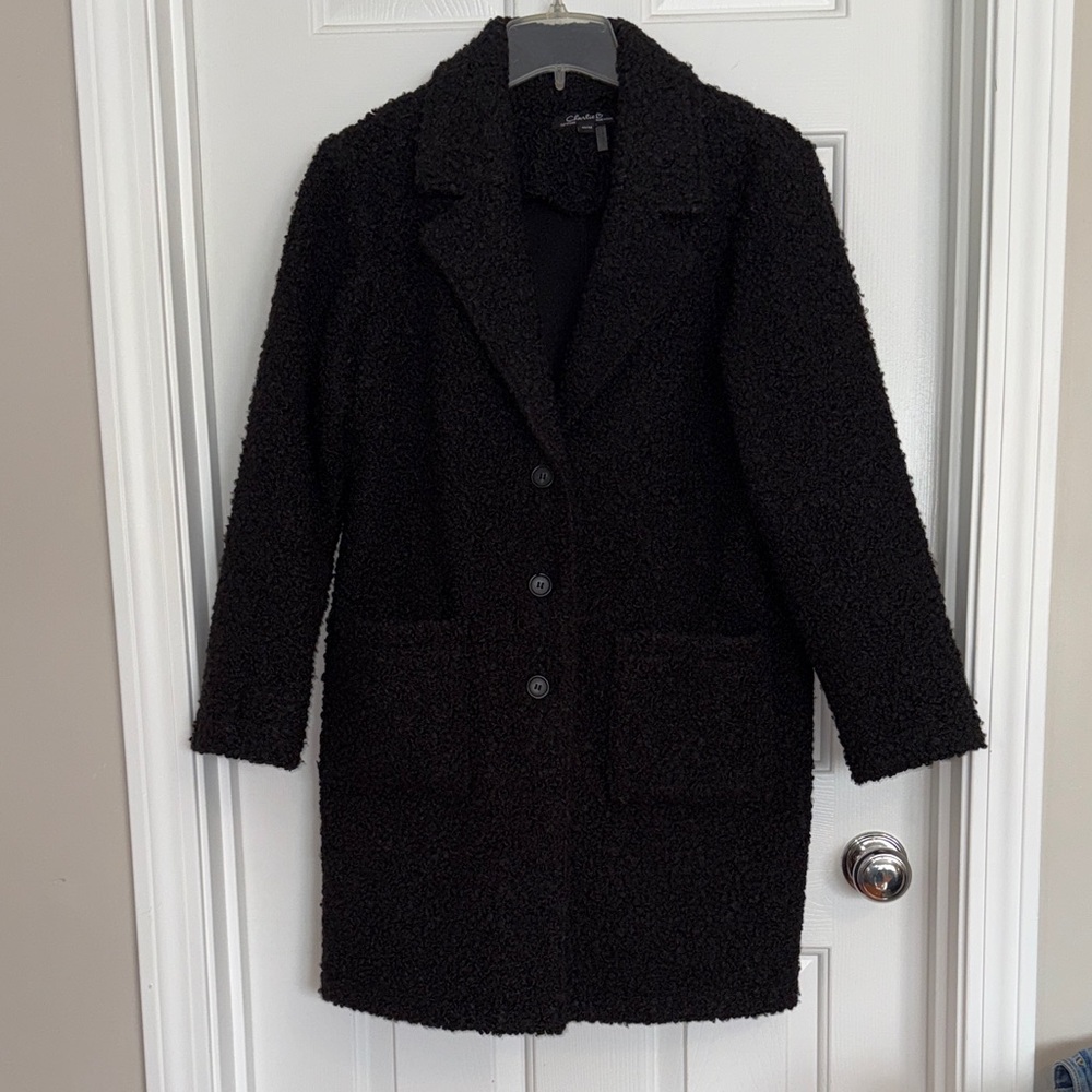 CHARLIE B Black Boucle Coat with Patch Pockets